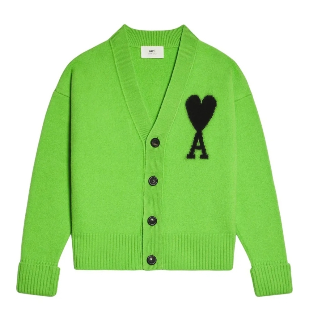 Ami Bright Green Cardigan with Black Heart